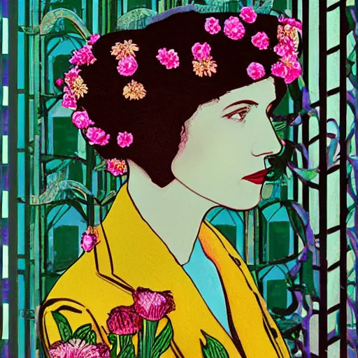 Prompt: a lot of flowers morphing in a beautiful girls face, film still by wes anderson, depicted by mackintosh, limited color palette, very intricate, art nouveau, highly detailed, lights by hopper, soft pastel colors, minimalist