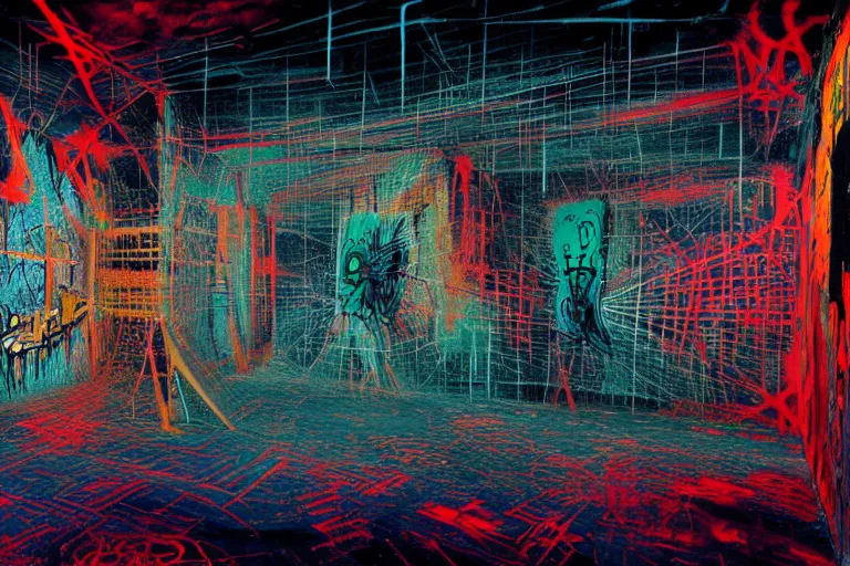 Image similar to the inside of a symmetrical hellish dungeon, multilayer glitch effect in spatial perceptron synapses, matte painting, 4 k, epic composition, volumetric light, abstract illusionism, by william stout, jean - michel basquiat, pour paint, modern street art, grunge wall, industrial