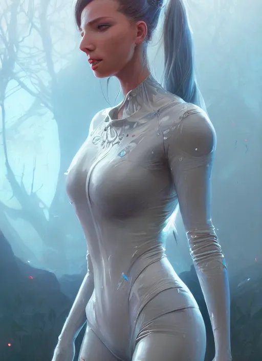 Image similar to highly detailed portrait of a beautiful female wearing a latex suit, stephen bliss, 8 k, unreal engine, by greg rutkowski, loish, rhads, ferdinand knab, makoto shinkai and lois van baarle, ilya kuvshinov, rossdraws, tom bagshaw, global illumination, radiant light, detailed and intricate environment