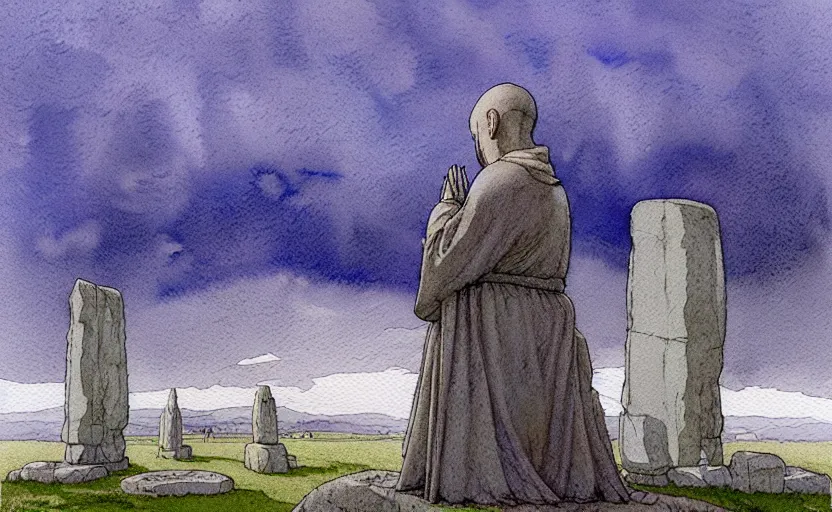 Prompt: a hyperrealist watercolour character concept art portrait of one small grey medieval monk kneeling down in prayer in front of a complete stonehenge monument on a misty night. a huge stone is in the sky. by rebecca guay, michael kaluta, charles vess and jean moebius giraud