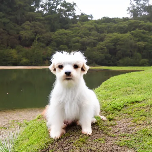 Prompt: ! dream cute cavachon leaning on a capybara, beautiful pond in the background, hd 1 0 8 0 p dslr photo.