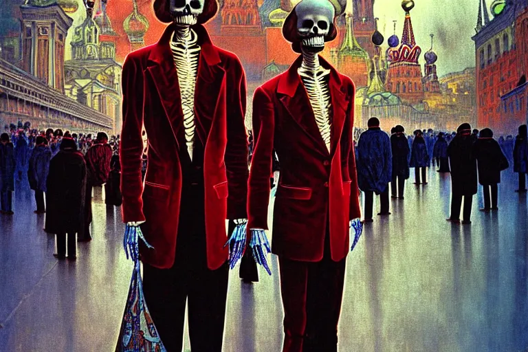 Image similar to realistic detailed photorealistic film portrait shot of a single skeleton wearing crimson velvet blazer in a crowded futuristic moscow street by Denis Villeneuve, Amano, Yves Tanguy, Alphonse Mucha, Ernst Haeckel, Andrei Tarkovsky, Edward Robert Hughes, Roger Dean, rich moody colours, wide angle, blue eyes