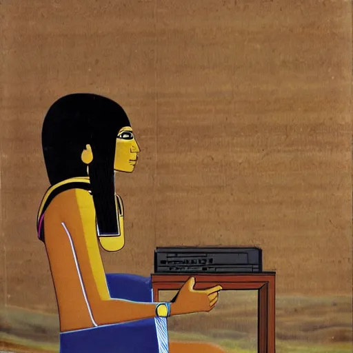 Prompt: an ancient egyptian painting of lain iwakura and a computer