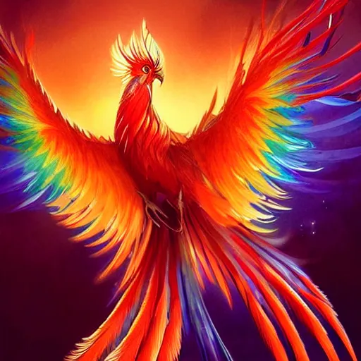 Image similar to cute flying chinese phoenix, sparkling bird eyes, embers in her bird eyes, shining rainbow feathers, sharp features, flowing fiery multicolor feathers, highly detailed, digital painting, artstation, concept art, smooth, sharp focus, beautiful rainbow feathers, expressive eyes, illustration, phoenix art by Artgerm and greg rutkowski