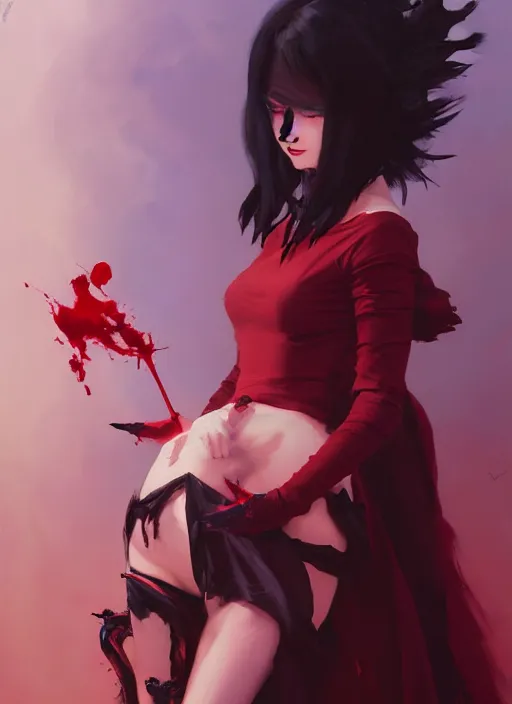 Prompt: portrait of a cute goth girl making a blood sacrifice, painting by sargent and leyendecker, studio ghibli, fantasy, medium shot, asymmetrical, intricate, elegant, matte painting, hearthstone, crimson gradient, by greg rutkowski and greg tocchini and james gilleard and joe fenton and greg manchess