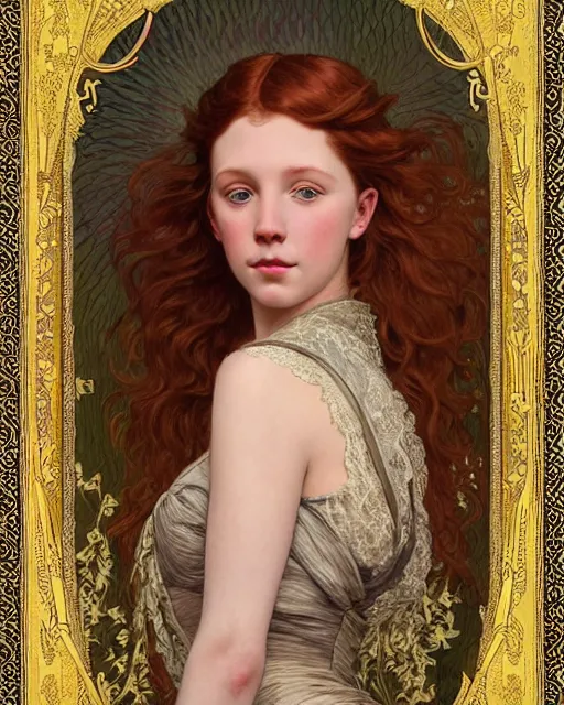 Prompt: intricate art nouveau oil painting of redheaded young millie bobby brown with long hair blowing in the wind, wearing an intricate gold lace dress, highly detailed, intricate, elegant, digital painting, smooth, sharp focus, illustration, ultra realistic, 8 k, by bouguereau, alphonse mucha, artgerm, and donato giancola
