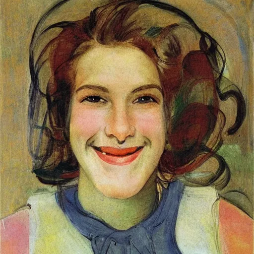 Image similar to representation of a young woman with a happy face in the year 1990 by Dmitri Vrubel