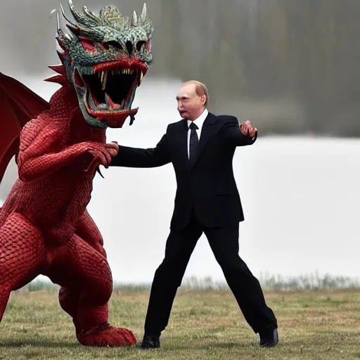 Prompt: Putin fighting with dragon