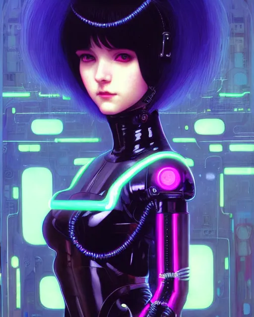 Image similar to portrait of beautiful cute cyborg maiden goth girl in latex, cyberpunk, warhammer, neon night city, high details, art by ( ( ( kuvshinov ilya ) ) ) and wayne barlowe and gustav klimt and artgerm and wlop and william - adolphe bouguereau