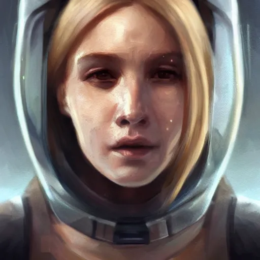 Image similar to portrait of a woman by greg rutkowski, she is about 3 0 years old, slavic, pretty, blond hair with two strans around her face, crying, helplessness and denial, she is wearing a futuristic space gear, highly detailed portrait, digital painting, artstation, concept art, smooth, sharp foccus ilustration, artstation hq.