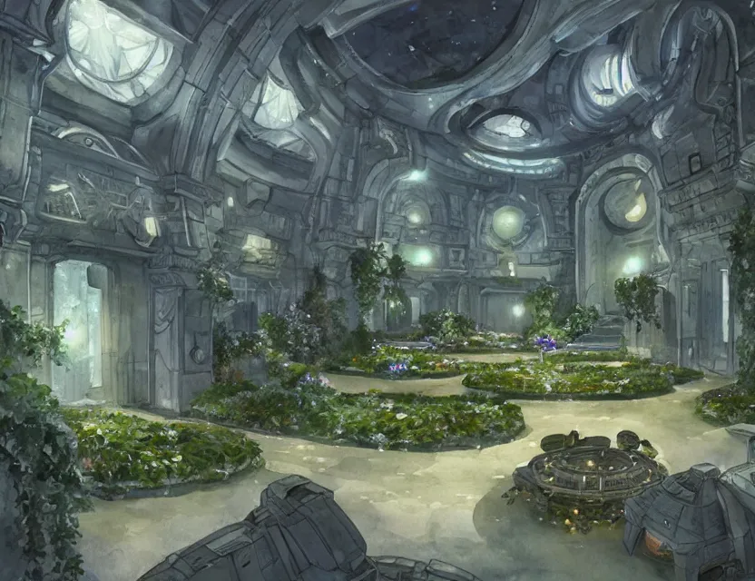 Prompt: french formal garden in a space fortress. this watercolor painting by the award - winning concept artist has cinematic lighting, an interesting color scheme and intricate details.