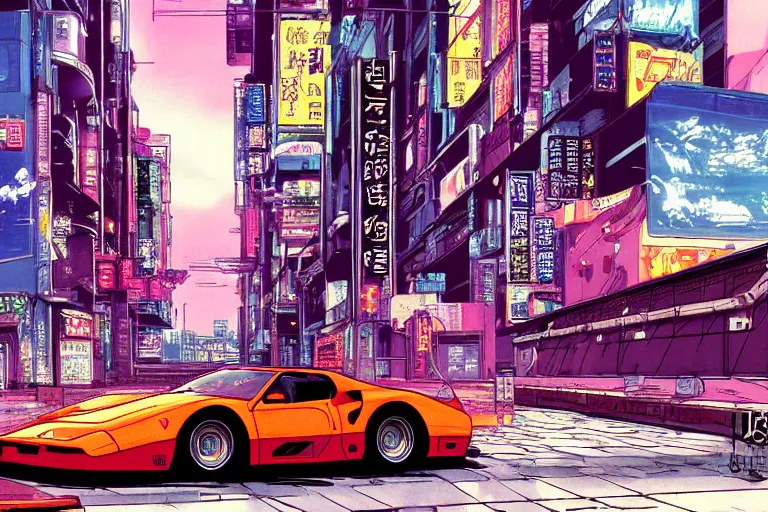 Image similar to 1985, single Ferrari GTO, city in anime cyberpunk style by Hayao Miyazaki