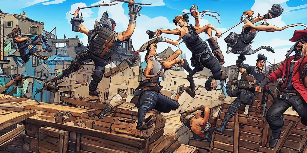 Prompt: Assassin round house kicks keystone cop. (fortnite). Epic painting by James Gurney and Laurie Greasley.