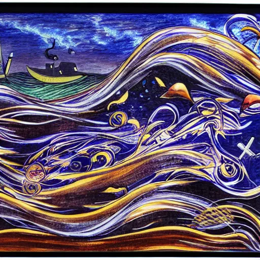 Prompt: instruments, waves, swirls, expansion, dark clouds, whales, medium: transparent overlay, tempera, airbrush