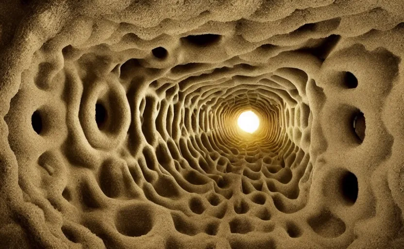 Image similar to hyper liminal photo, sponge with many tunnels inside each hole, tunnels lead to different worlds, surreal, detailed, high definition, mysterious, wide shot, surrealist depiction of a normal sponge,