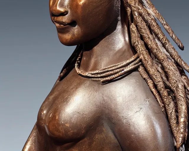 Image similar to detailed stylized realistic bronze sculpture depicting a himba woman