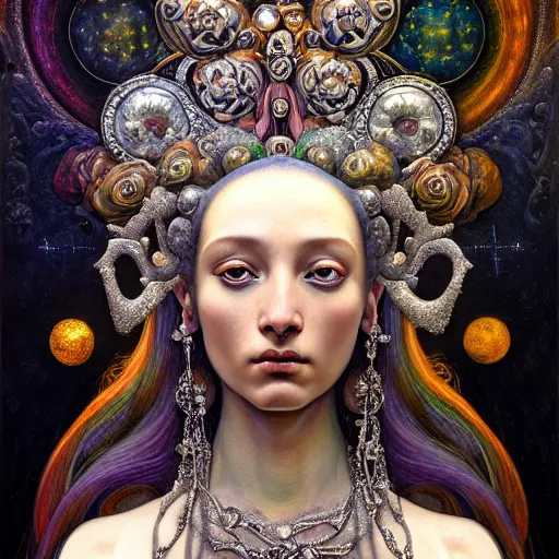 Image similar to baroque closeup renaissance portrait of a beautiful moon goddess with stars in her hair, reflective detailed textures, glittering silver ornaments, dark fantasy science fiction painting by diego rivera and jean delville and ruan jia and nicholas roerich and annie swynnerton, dramatic lighting, gleaming silver and rich colors, floral tattoos, artstation, octane render