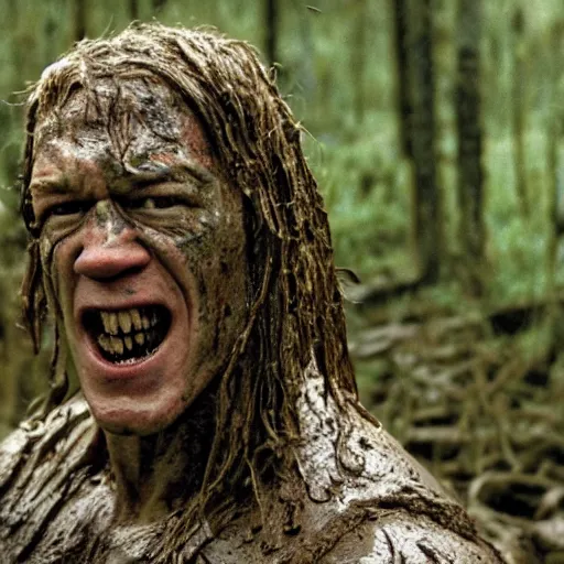 Image similar to film still of john cena as major dutch, covered in mud, hiding from the predator in swamp scene in 1 9 8 7 movie predator, hd, 8 k