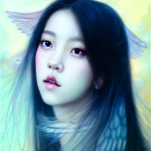 Image similar to jisoo of blackpink as an angel, hyperrealistic portrait, by karol bak and agnes cecile and artgerm, fantasy art, photo realistic, dynamic lighting, artstation, poster, volumetric lighting, very detailed face, 8 k, award winning