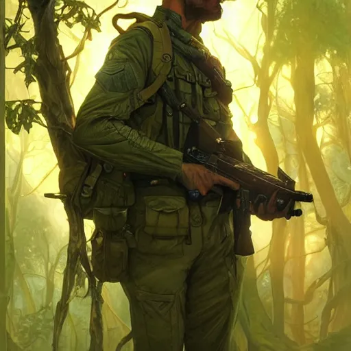 Prompt: comic book cover of soldier in forest looking up at crystal temple, highly detailed, professional digital painting, Unreal Engine 5, illustration, HD quality, 8k resolution, cinema 4d, 3D, cinematic, professional photography, art by artgerm and greg rutkowski and alphonse mucha and loish and WLOP