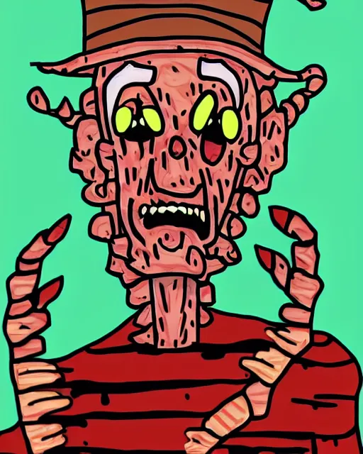 Prompt: freddy krueger in the style of rick and morty