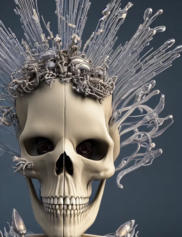 Image similar to 3 d goddess skeleton macro close - up portrait with crown made of ram skull. betta fish, jellyfish phoenix, bioluminiscent, plasma, ice, water, wind, creature, super intricate ornaments artwork by tooth wu and wlop and beeple and greg rutkowski