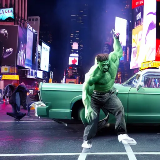 Image similar to walter white as incredible hulk throwing a car in time square