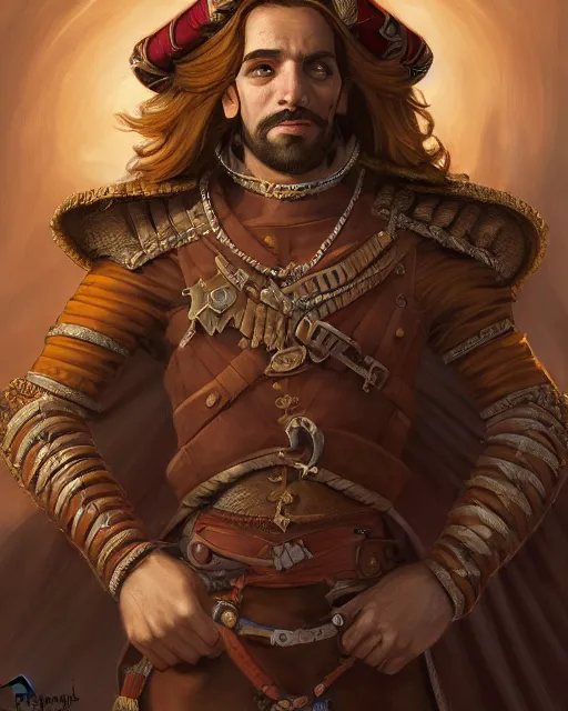 Prompt: digital painting of a pompous spanish conquistador by filipe pagliuso and justin gerard, symmetric, detailed, intricate, anatomy, facial features, digital painting, treasure planet color scheme, sharp focus, tarot card
