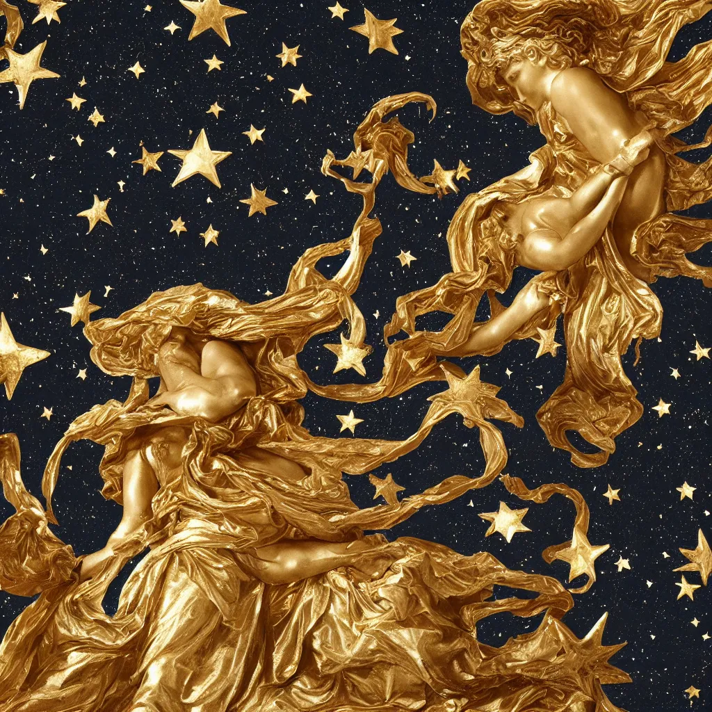 Image similar to baroque woman marble and gold in space, stars, clouds