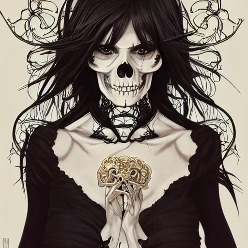 Image similar to anime manga skull portrait beautiful Marie Avgeropoulos skeleton, intricate, elegant, highly detailed, digital art, ffffound, art by JC Leyendecker and sachin teng