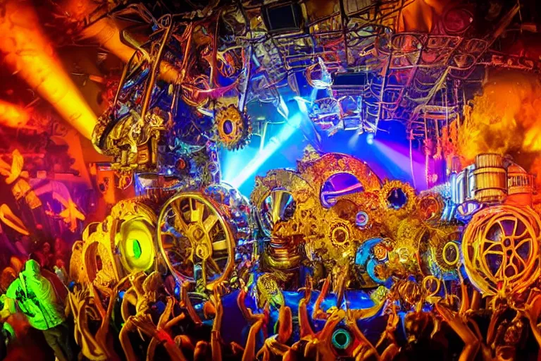 Image similar to scene is elrow party in amnesia ibiza, portrait photo of a giant huge golden and blue metal steampunk robot, with gears and tubes, eyes are glowing red lightbulbs, shiny crisp finish, 3 d render, 8 k, insaneley detailed, fluorescent colors, haluzinogetic, background is multicolored lasershow