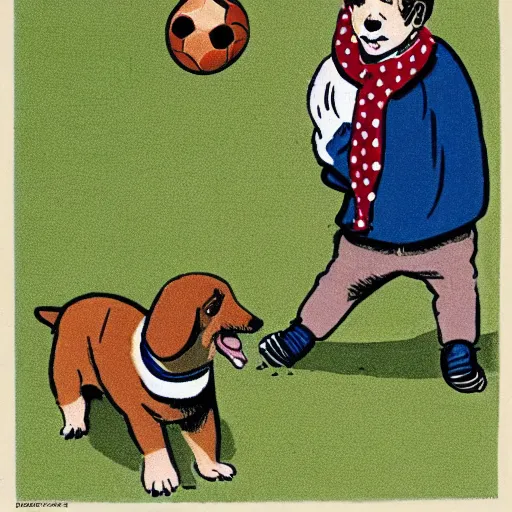 Image similar to illustration of french boy on the streets of paris playing football against a corgi, the dog is wearing a polka dot scarf, comic, 1 9 7 2