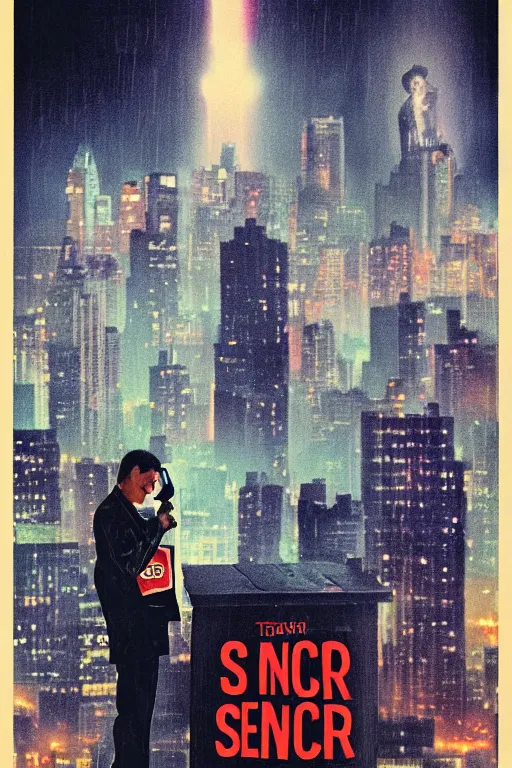 Image similar to an award - winning movie poster for a movie called senor featuring a junkie making a payphone call in a thunderstorm in queens at night in the 1 9 9 0 s with the new york city skyline in the distance