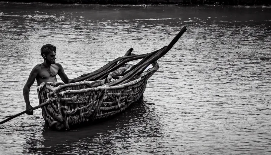 Image similar to a man in a barque made of flesh on a blood river, leica sl 2, heavy grain, high quality, high detail, in color