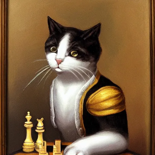 Image similar to cat playing chess looking wise, rococo oil painting