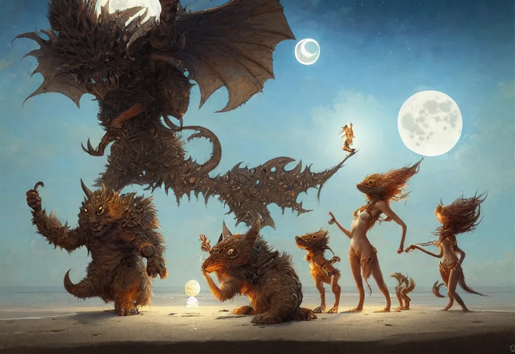 Prompt: cute fantasy critters at the beach looking at the moon, ultra realistic, concept art, intricate details, highly detailed by greg rutkowski, gaston bussiere, craig mullins, simon bisley