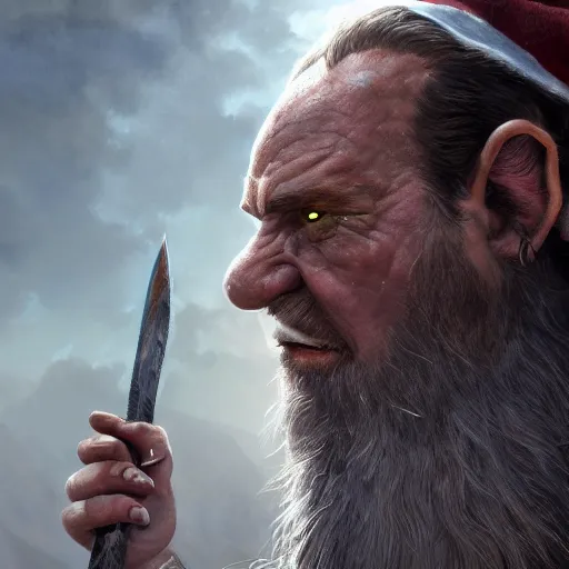 Prompt: dramatic cinematic artwork close up of Gimli as an elf wielding swords, fighting orcs in a battle by Greg Rutkowski, 4k, masterpiece, sun rays