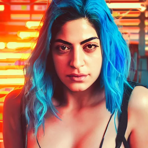 Image similar to “high detail portrait of Inbar Lavi with blue hair, digital art, concept art, neon colors, studio lightning, high contrast, sharp focus, hiperrealist, photorealist, Artstation HQ, DeviantArt, cybernetics, techwear, urban samurai, netrunner, Shadowrun, Cyberpunk 2077, Deus Ex, 4k UHD, Unreal Engine 5”