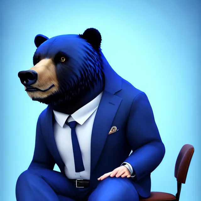 Image similar to epic professional digital art of a bear in a blue professional business suit, sitting at a desk,, best on artstation, cgsociety, wlop, Behance, pixiv, astonishing, impressive, outstanding, epic, cinematic, stunning, gorgeous, much detail, much wow,, masterpiece.