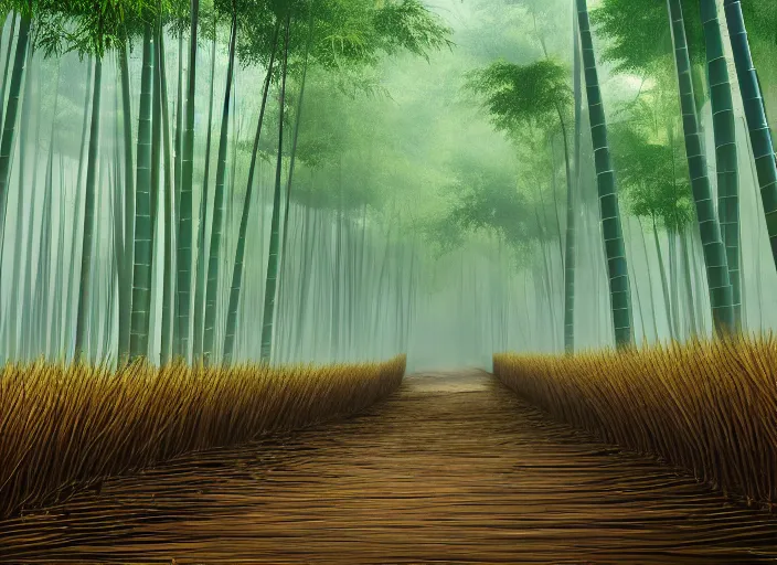 Prompt: deep in a misty japanese bamboo forest, small dirt path, rule of thirds, sunny, cartoony, anime style, mid day, realistic lighting, by ghibli studio, arcane, wild rift, trending on artstation, 4 k, hd