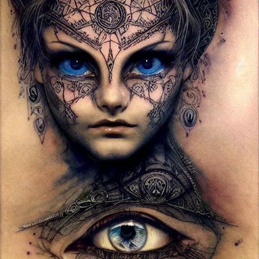 Image similar to Extreamly beautiful Eyes, Luis Royo, tattooed face, Hypnotic Eyes, Emotional Eyes, by Annie Swynnerton and Nicholas Roerich and jean delville, glowing paper lanterns, strong dramatic cinematic lighting , ornate tiled architecture, lost civilizations, smooth, sharp focus, extremely detailed