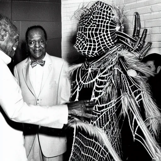 Image similar to sun ra shaking hands with a giant humanoid hairy spider