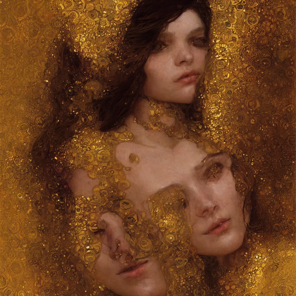 Image similar to seamless intricate klimt golden motives and textures pattern, beautiful young lady face portrait, hyper detailed, octane render, vivid colors, artstation, by jeremy mann, by alphonse mucha, by klimt