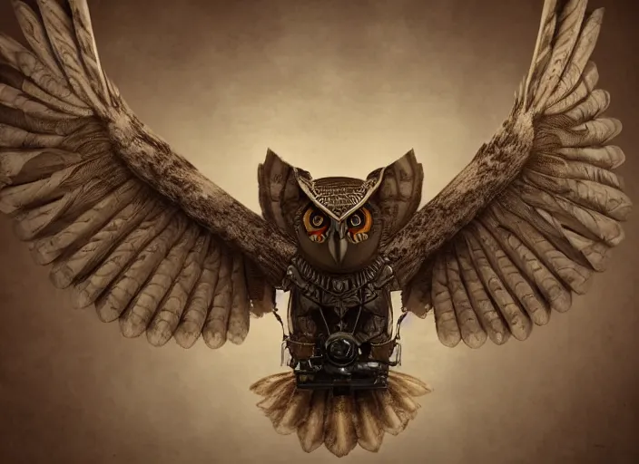 Image similar to a flying Warrior owl art nuveau, steampunk, symmetry, cinematic lighting , unreal engine,