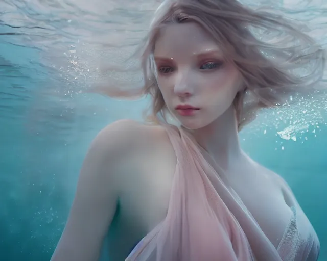 Image similar to beautiful hyperrealistic female portrait, porcelain skin, in long flowy dress, very detailed, underwater, cinematic volumetric lighting, soft bokeh, glow, 8 k, by lexi laine, by wlop