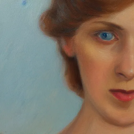 Prompt: portrait painting of a lady in a light blue dress 1 9 0 0 s entire face shown in great detail, looking at the camera, blonde hair, garden, photorealistic, extreme detail, sharp focus, 8 k, intricate, hyper detailed, realistic, cinematic lighting