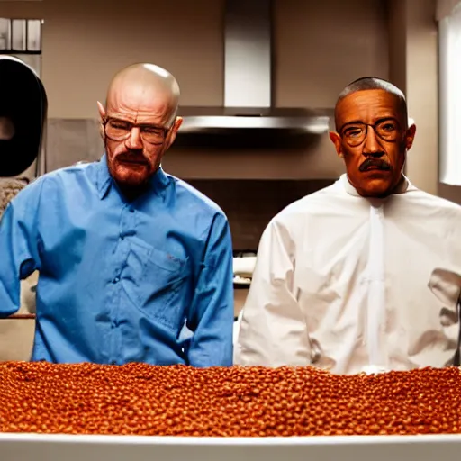 Prompt: Photo of Walter White and Gus Fring taking a bath in baked beans, taken with a Nikon D800.