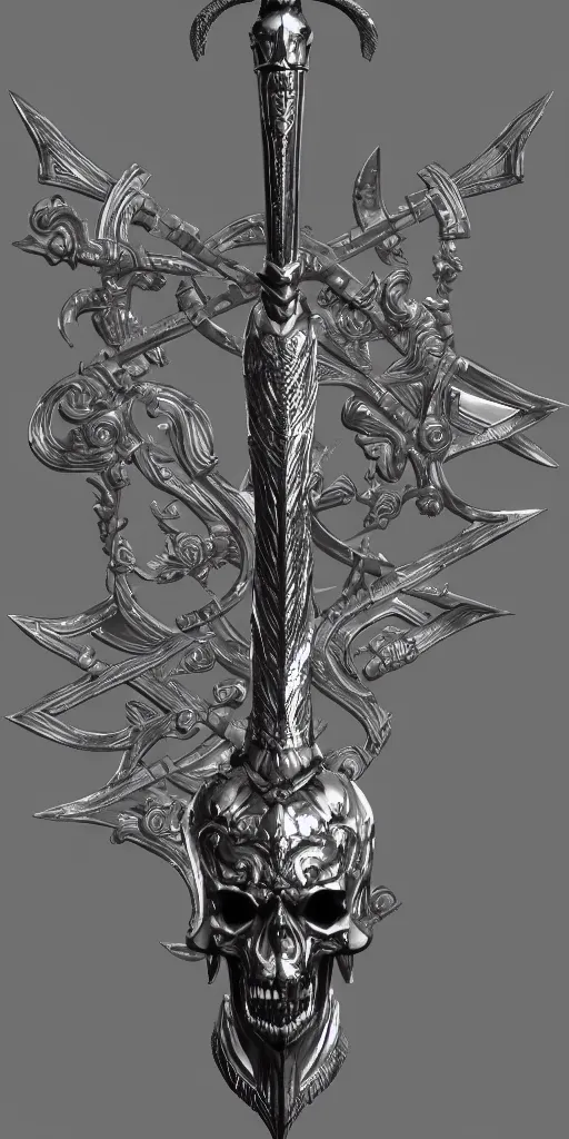 Prompt: a black and silver sword skull crest, ornament, weapon, a 3 d render by dom qwe, trending on polycount, artstation, hard surface modeling, zbrush, symmetry