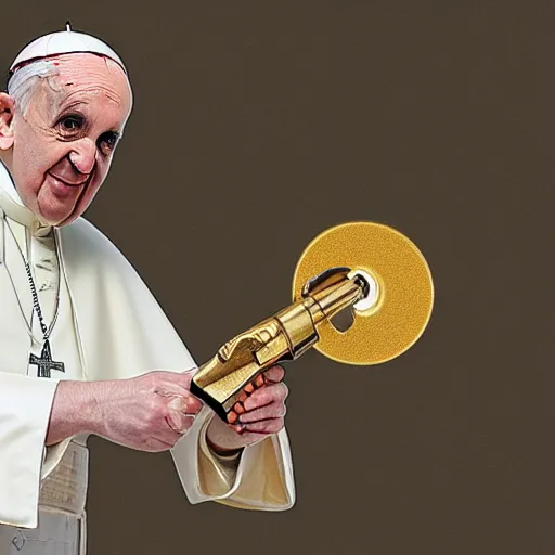 Prompt: the pope holding a golden revolver, photorealistic, ultra detailed, high resolution, 8 k