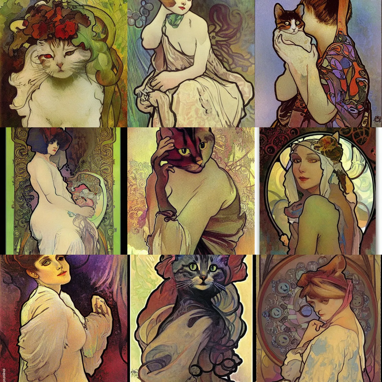 Prompt: a cat painted by alfons mucha